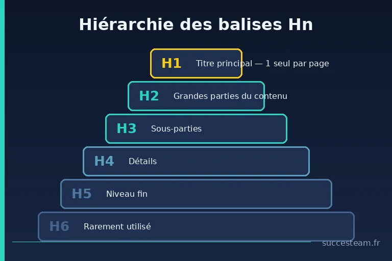 Hiérarchie des balises Hn : pyramide du H1 au H6 avec leur rôle SEO