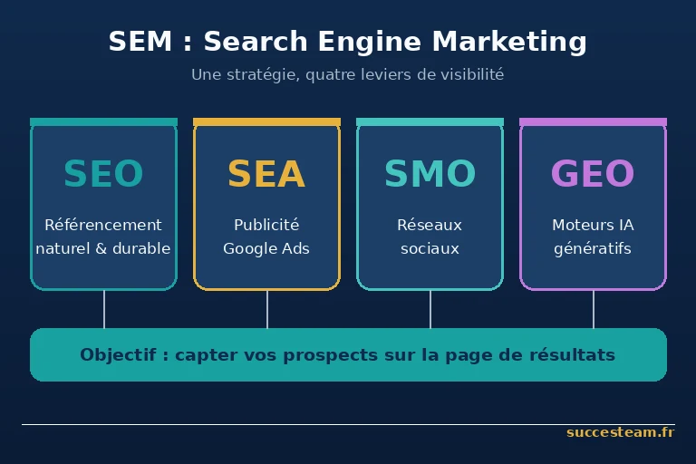 schéma des piliers du SEM : SEO, SEA, SMO et GEO réunis dans une stratégie de search engine marketing