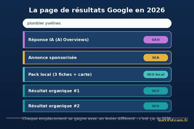 anatomie d'une page de résultats Google en 2026 : réponse IA, annonces sponsorisées, pack local et résultats organiques