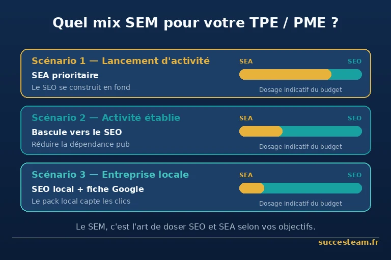 arbitrage budgétaire SEM pour TPE et artisans : trois scénarios pour doser SEO et SEA selon les objectifs