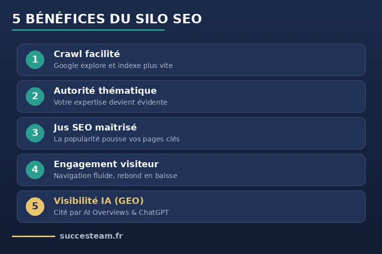 les 5 bénéfices du silo SEO : crawl, autorité thématique, jus SEO, engagement et visibilité IA