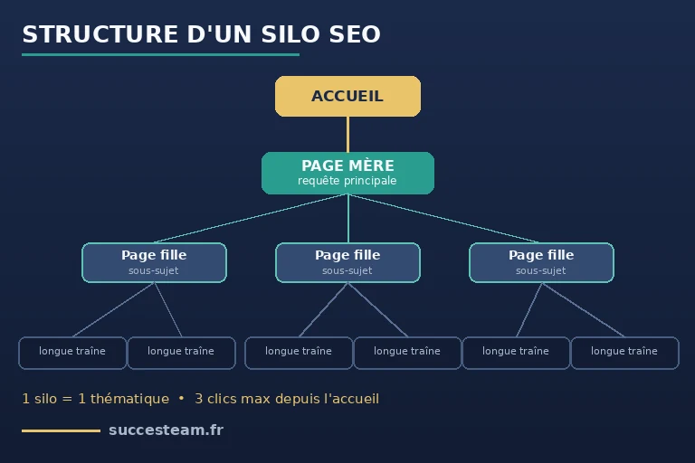 schéma d'un silo SEO : page mère, pages filles et pages petites-filles reliées par des liens internes